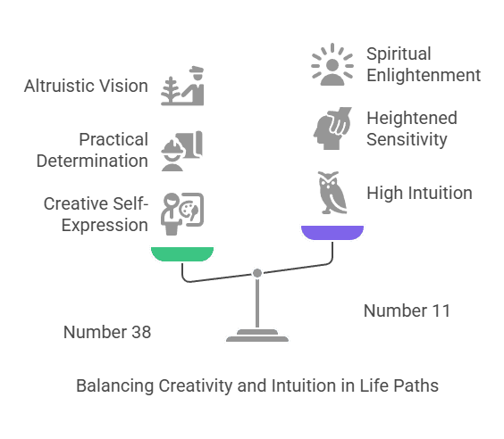 A graphic depicting a scale with Number 38 on one side and Number 11 on the other, highlighting the qualities each number represents in a life path.
