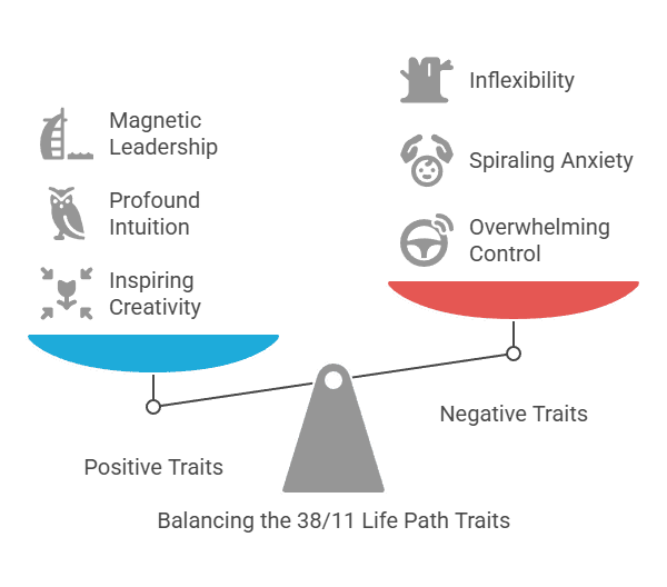 Visual representation showing the potential positive and negative characteristics associated with the 38/11 life path and the importance of finding balance.