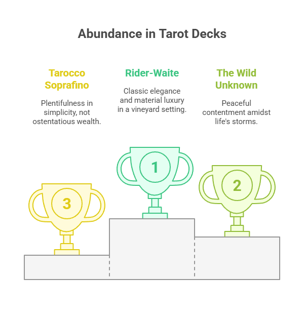 Infographic comparing abundance definitions in three Tarot decks using trophies: Rider-Waite, The Wild Unknown, and Tarocco Soprafino.