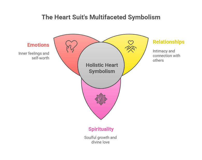 Diagram: Visual representation exploring the diverse meanings and associations of the Heart suit, likely in a Tarot or oracle card context.