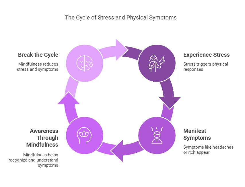 Infographic: The Cycle of Stress and Physical Symptoms - Experience Stress, Manifest Symptoms, Awareness Through Mindfulness, Break the Cycle.