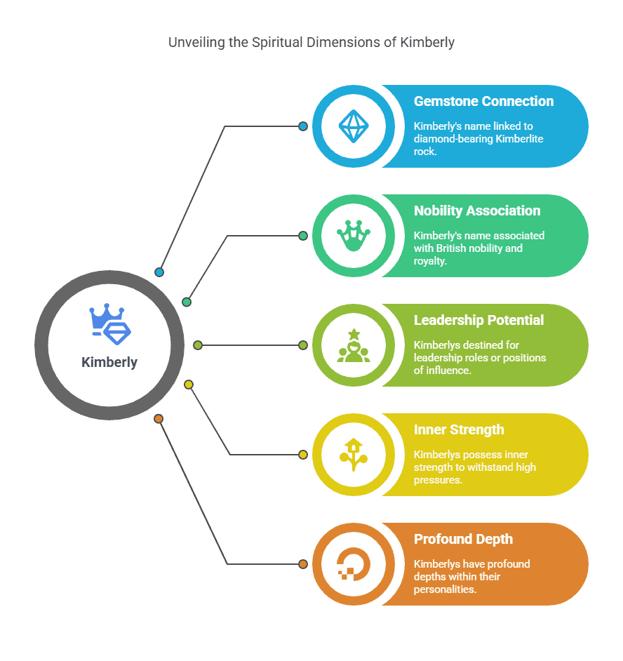 Flowchart: Unveiling the Spiritual Dimensions of Kimberly - Gemstone Connection, Nobility Association, Leadership Potential, Inner Strength, Profound Depth.