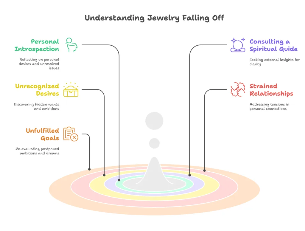 Diagram explaining ways to understand jewelry falling off: personal introspection, unrecognized desires, unfulfilled goals, strained relationships, and consulting a spiritual guide.