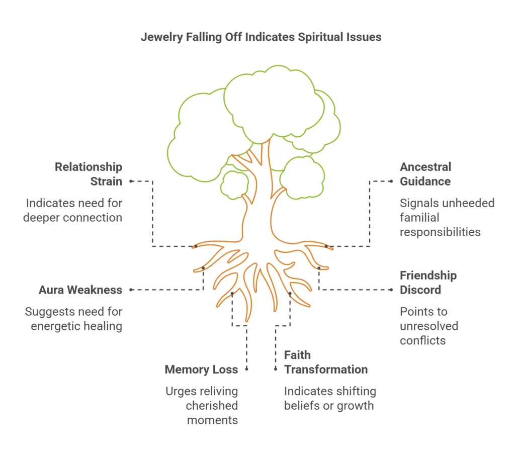 Illustration linking jewelry falling off to spiritual issues: relationship strain, aura weakness, memory loss, faith transformation, ancestral guidance, and friendship discord.