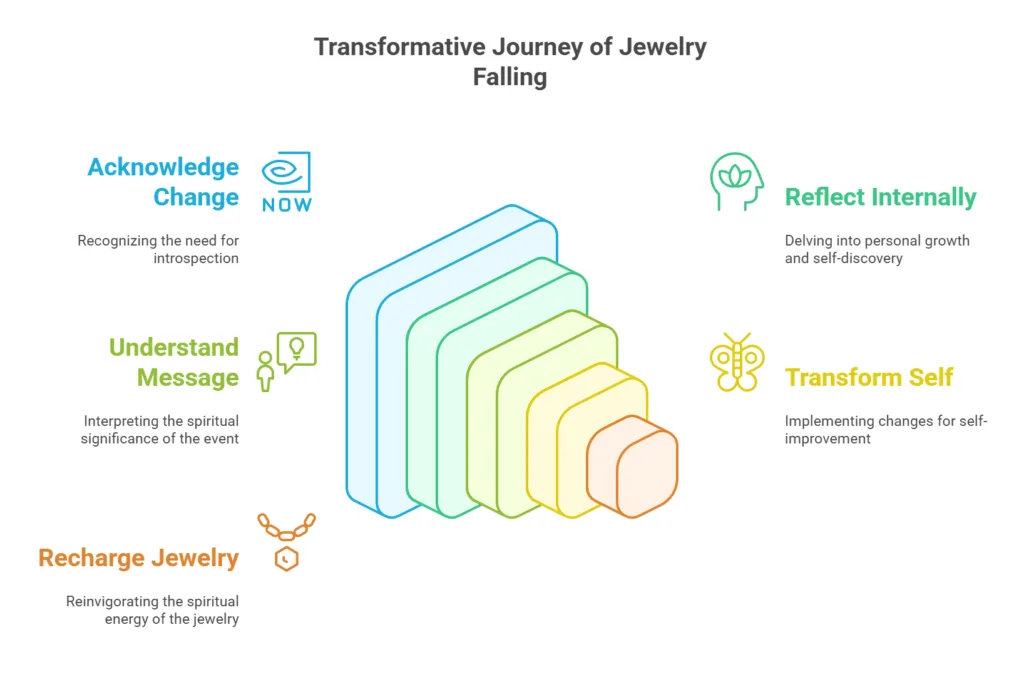 Diagram illustrating the transformative journey of jewelry falling: acknowledge change, understand message, recharge jewelry, reflect internally, and transform self.