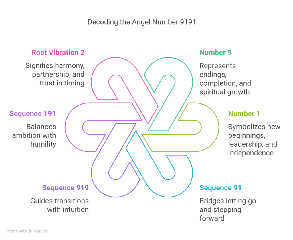 Diagram: Decoding the Angel Number 9191 - Root Vibration, Number 9, Sequence 191, Number 1, Sequence 919, Sequence 91 meanings.