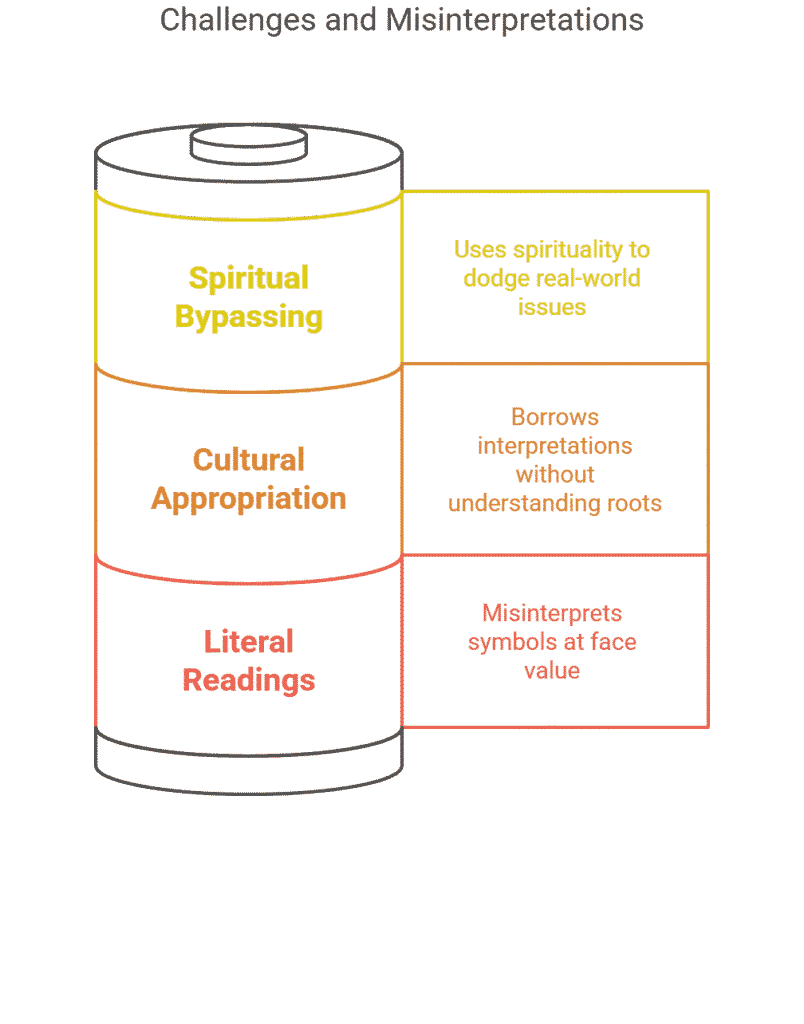 Diagram: Dream Interpretation Challenges - Spiritual Bypassing, Cultural Appropriation, Literal Readings.