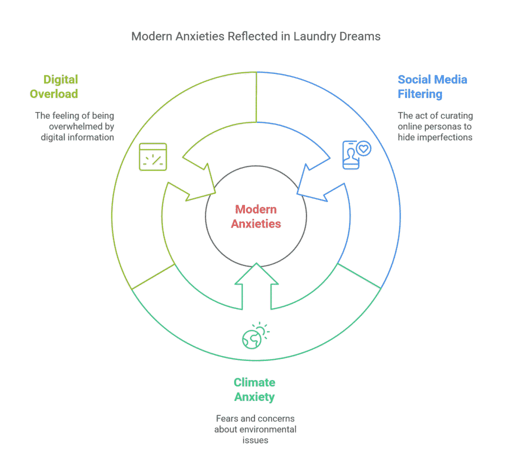 Diagram: Modern Anxieties Reflected in Laundry Dreams - Digital Overload, Social Media Filtering, Climate Anxiety.